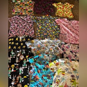 CARTOON/ colorful SCRUB LOT. ALL size are either xs or small. Various brands